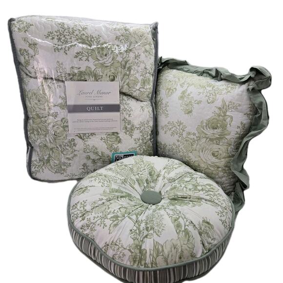 NEW Laurel Manor Toile Garden Sage Green KING Cotton Quilt & 2 Pillows Set Farm - Picture 2 of 12